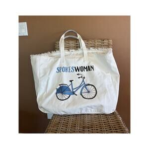 Tag Weekend Tote Beach Bag Spokeswoman Bicycle Graphic Frayed Edge Pockets Lg